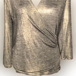 Liz Claiborne Gold Metallic Wrap Top - 3/4 sleeve - Rushing Fabric Sz M